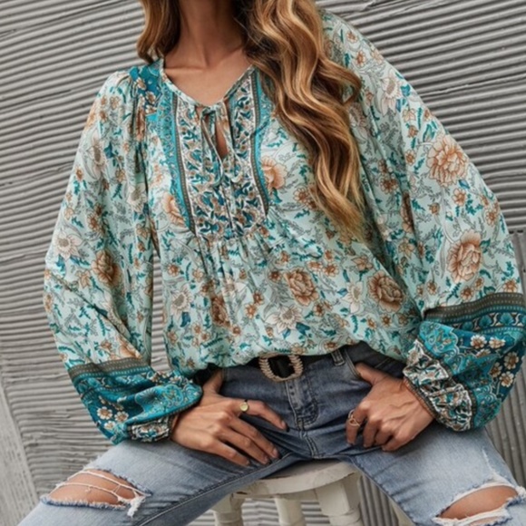 Tops - Turquoise Floral Bohemian Peasant Blouse